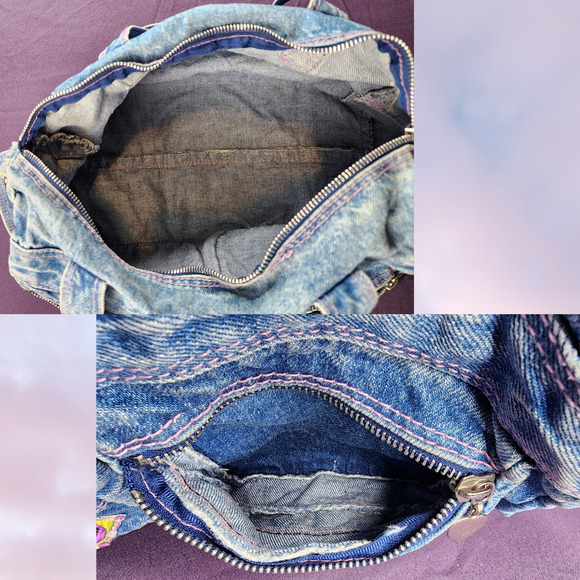 Vtg Y2k Patchwork Denim Light Acid Wash Utility Kawaii Cute Funky Crossbody Bag - Picture 3 of 6
